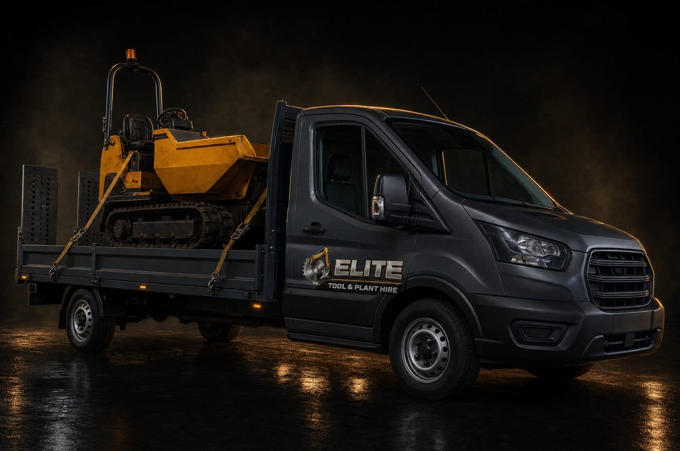An Elite tipper truck loaded with a tracked dumper, ready to deliver